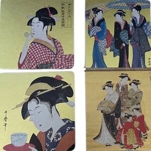 1Vintage set of 8 Ukiyoe  Japanese Fine Art Metallic Foil Coasters